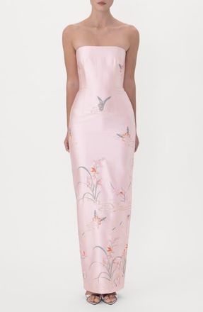 Sau Lee Ilsa Embroidered Strapless Satin Gown in Pink Multi at Nordstrom, Size 00
