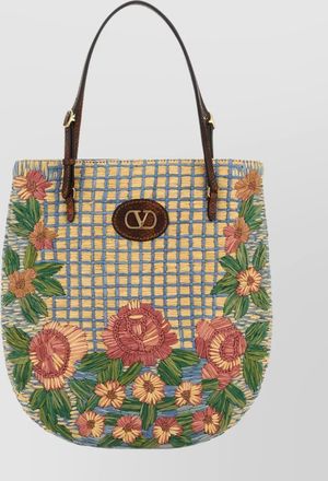 Valentino Garavani signature raffia shoulder bag floral embroidery