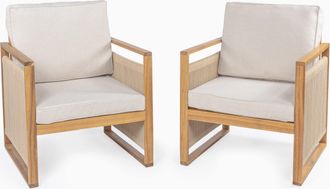 Jonathan Y Designs Gable Mid-Century Modern Roped Acacia Wood Outdoor Patio Chair with Cushions, Beige/Light Teak (Set of 2)