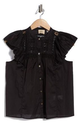 Elie Tahari Cap Sleeve Lace Trim Button-Up Top in Black at Nordstrom Rack, Size X-Small