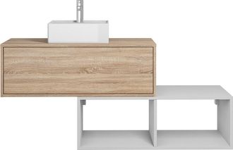 Vente-Unique Mueble de ba&ntilde;o flotante con lavabo cuadrado - 1 caj&oacute;n de natural claro y 2 estantes blancos - 94 cm - TEANA II
