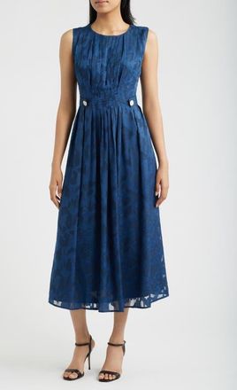 Anne Klein Pleated Floral Jacquard Midi A Line Dress in Blue Carbon at Nordstrom, Size 10