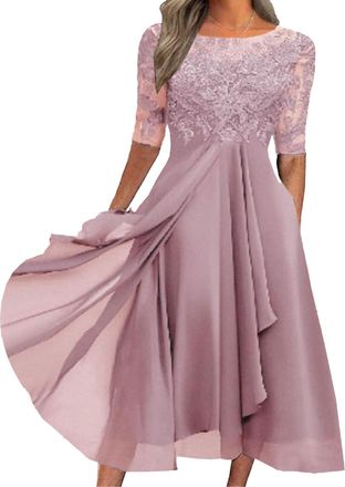 Generic Classy Mother of The Bride Dress Cocktail Dresses for Women Lace 3/4 Sleeves Wedding Guest Formal Dress Pink