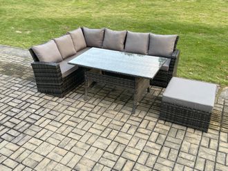 Fimous 7 Seater Garden Rattan Furniture Corner Dining Set with Big Footstool Indoor Outdoor Lounge Sofa Set Dark Grey Mixed