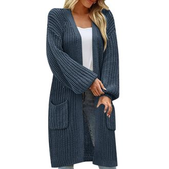 Generic Longline Knee Length Cardigan with Pockets V Neck Long Cardigans for Women UK Casual Knitted Chunky Ladies Cardigans Size 14