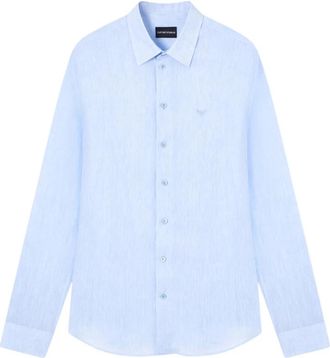 Emporio Armani Linen Shirt - Heren - Zakelijke Overhemden - Blauw - L - Linnen - Overhemden