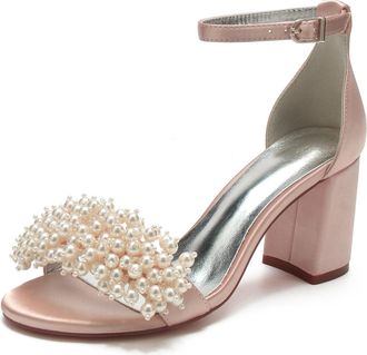 Generic Block Heels Pearls Wedding Sandals Open Toe Ankle Strap Bridal Evening Party Summer High Heels Shoes 8Cm,Bean Paste,10 UK
