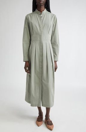Max Mara Pavia Pleated Long Sleeve Cotton Shirtdress in Sage Green at Nordstrom, Size 14