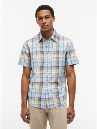 Tommy Hilfiger Mens Regular Fit Plaid Linen-Blend Shirt - Blue - XXL