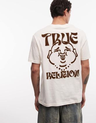 True Religion T-shirt bianco inverno con logo e volto di Buddha