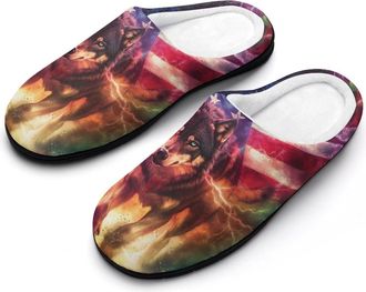 Generic Wolf U.S Flag Womens Slippers Warm House Slippers Indoor House Shoes with Anti-Skid Rubber Sole