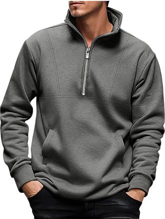 Generic Half zip Sweatshirts for Men UK Fashion Solid Color Stand Collar Jackets Fleece Lined Warm Turtleneck Pullover Classic Loose Fit Long Sleeve Sweatshir