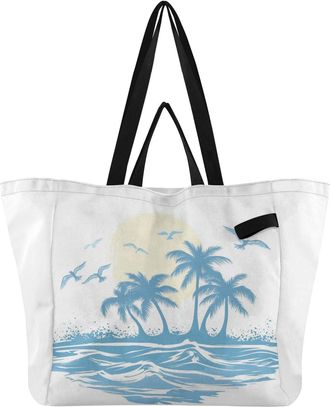 Generic Blue Seagulls Palm Trees pattern Reusable Canvas Tote Bag, Heavy Duty Grocery Shopping Bag with Hard Bottom Double Handles Large Capacity Work Groceri