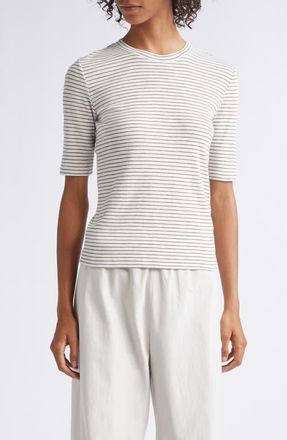 Vince Stripe Elbow Sleeve Cotton Blend Knit Top in Tapenade Combo at Nordstrom, Size Xx-Small