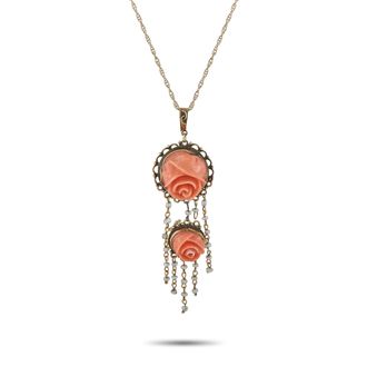 Luxury Bazaar Antique 14K Yellow Gold Carved Coral and Seed Pearl Pendant Necklace MF03-071726