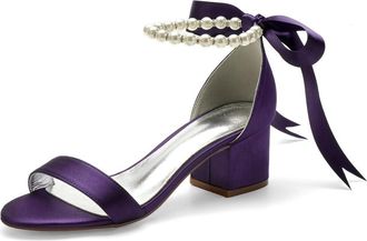 Generic Bride Heels Womens Block Heel Bridal Shoes Open Toe Pearl Heels Wedding Shoes Bridal Wedding Low Heels Sandals 5.5Cm,Dark Purple,10 UK