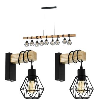 Loops 9 Bulb Ceiling Pendant & 2x Matching Wall Lights Black Cage & Wood Trendy Lamp