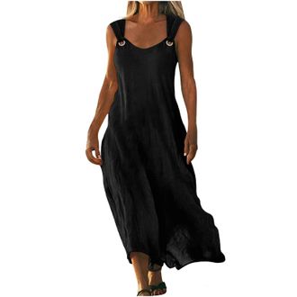 Generic Summer Dresses for Women Sleeveless Linen Maxi Dresses Ladies Casual Long Beach Dress Holiday Vacation Outfits (Black,XXL,Size 22-24)