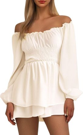 Generic Shorts Jumpsuit for Women UK Elegant Boho Romper Ruffle Hem Shorts Mini Dress Summer Solid Color Lantern Long Sleeve Square Neck Ruched Ruffled Playsu