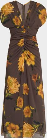 Lela Rose Floral-Print Chiffon V-Neck Shirred Midi Dress