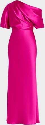 Amsale Draped Satin One-Shoulder Gown