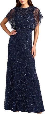 Mac Duggal Petite High Neck Short Sleeve Embellished Gown in Midnight at Nordstrom, Size 16