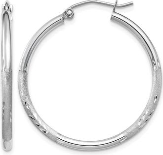 Diamond2Deal 14k Gold Satin & Diamond-cut 2x30mm Round Hoop Earrings