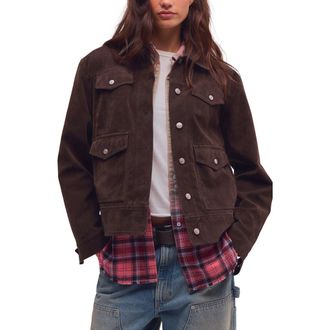 Free People Night Ranch Faux Suede Trucker Jacket in Chocolate Tarte at Nordstrom, Size X-Large