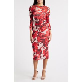 Anne Klein Side Ruched Long Sleeve Midi Dress in Rose Mist Multi at Nordstrom, Size X-Small