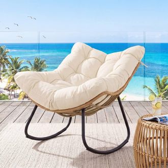 Costway Costway Outdoor Rocking Chair Oversized PE Wicker Patio Egg Chair W/ Cushion in White