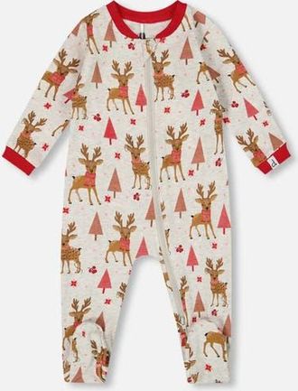 Deux par Deux One-Piece Organic Cotton Pajama Girly Reindeer in Beige at Nordstrom, Size 12M