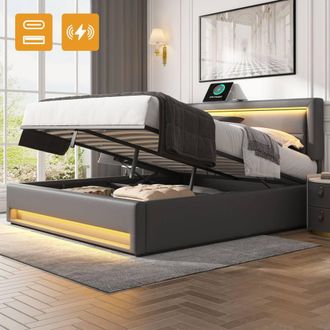 Matteo Modern Upholstered Double Bed 135 x 190 cm with USB Port in Grey