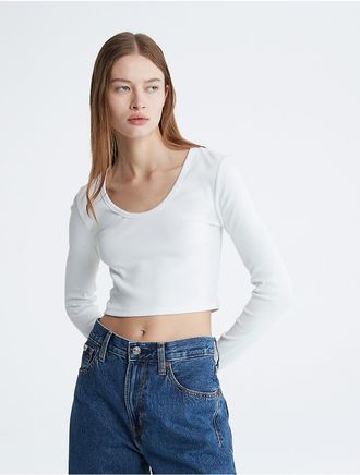 Calvin Klein Womens Cotton Contour Rib Cropped Long Sleeve T-Shirt - White - XL