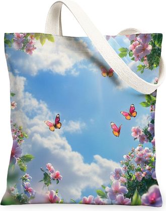 Generic Spring Plum Bossoms Flower Canvas Tote Bag for Shopping 13x15, Floral Garden Landscape Reusable Grocery Print Pattern Bag for Women, Butterflies Beach