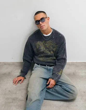 Ed Hardy Maglione girocollo nero lavorato a maglia con stampa Los Angeles