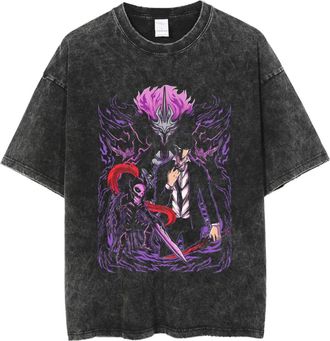 Generic Solo Leveling Anime T-Shirt, Vintage Washed Unisex Short Sleeve Tee, Sung Jinwoo Graphic Solo Leveling Merch for Men & Women (Black-3,L)