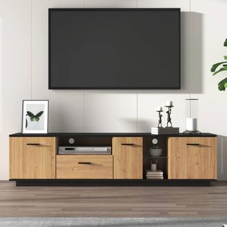 Merax 180cm TV Lowboard with Drawer, Glass Compartments, & LED Lights in Walnut