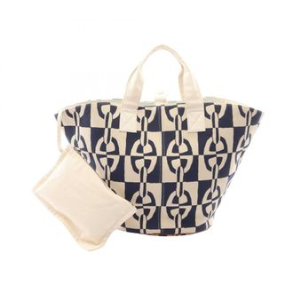 Herm&egrave;s Navy White Canvas Handbag Tote Bag (Pre-Owned)