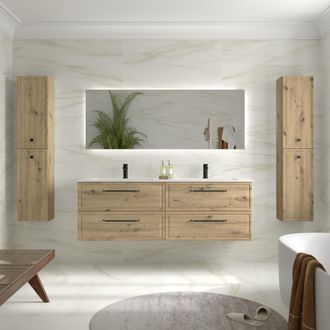 Cygnus Bath Mueble De Ba&ntilde;o Runa 160cm Roble 4 Cajones Lavabo Vilna 2 Pozas Solid Surface