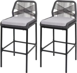 Hhg Hhg - Lote De 2 Taburetes De Bar De Cuerda 988, Asiento De Exterior De Mimbre De Cuerda De Metal, Antracita, Coj&iacute;n Gris Claro