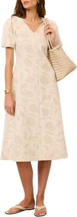 Mint Velvet Jacquard Puff Sleeve Midi Dress in Cream at Nordstrom, Size X-Large