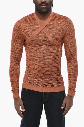 Off-white Lurex Crewneck Sweater SHINY NET with Criss Cross Detail size L