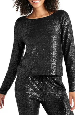 Splendid Tavi Sequin Long Sleeve Top in Black at Nordstrom, Size Medium