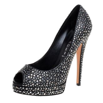 Casadei Black Leather Swarovski Crystal Embellished Peep Toe Pumps