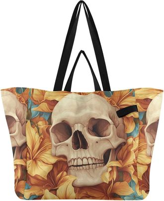 Generic Skull Yellow Flower pattern Reusable Canvas Tote Bag, Heavy Duty Grocery Shopping Bag with Large Capacity Hard Bottom Double Handles Work Groceries Tr