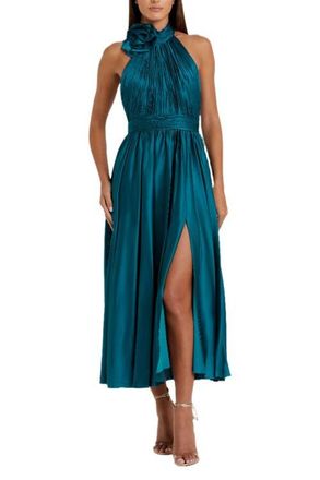 Mac Duggal Pleated Charmeuse High Neck Sleeveless Midi Dress in Ocean at Nordstrom, Size 10