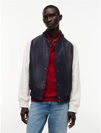 Tommy Hilfiger Mens Colorblock Leather Varsity Bomber Jacket - Navy - XL