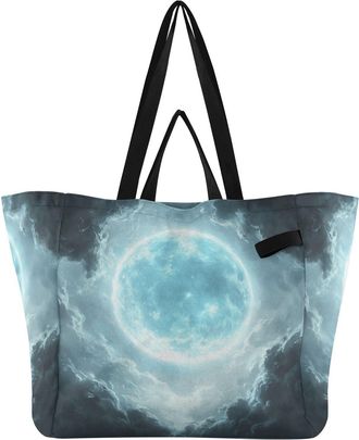 Generic White Horse Blue White Moon Cloud pattern Reusable Canvas Tote Bag, Heavy Duty Grocery Shopping Bag with Double Handles Large Capacity Hard Bottom Wor