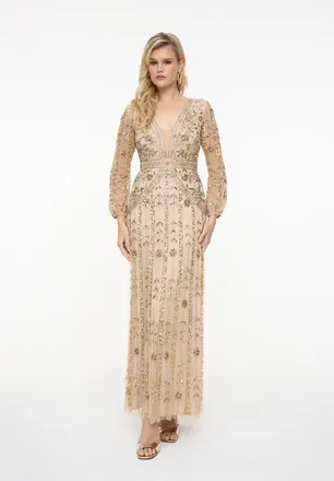 Beauut Embellished Sequin Beaded Maxi Dress With Designer Sleeves in Taupe Blush at Nordstrom, Size 4