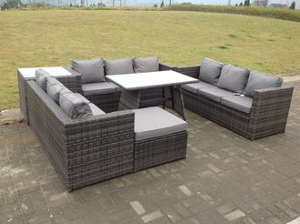 Fimous Outdoor Rattan Garden Furniture Lounge Sofa Set With Oblong Dining Table Side Coffee Table & Big Footstool in Dark Grey